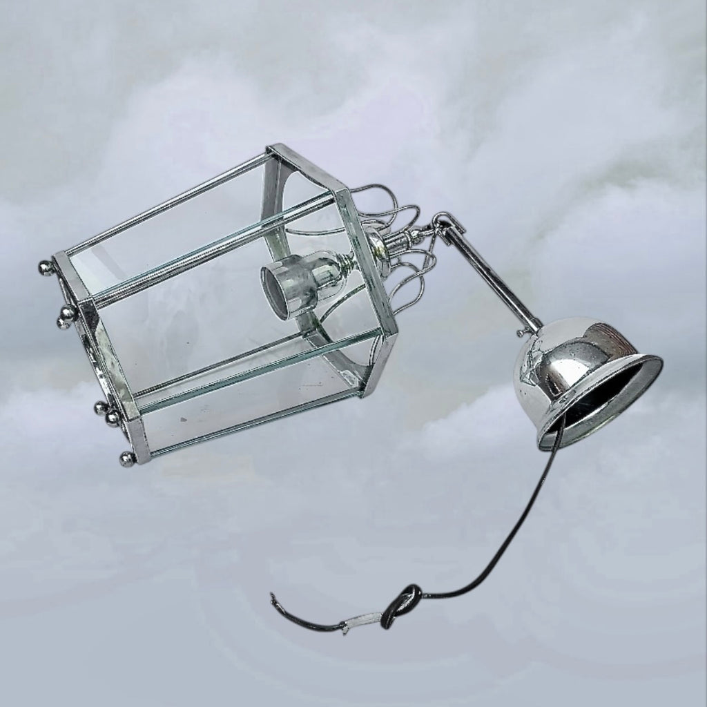 Ancienne Suspension Lanterne Massive Belgique Chrome Verre Hexagonale Années 80