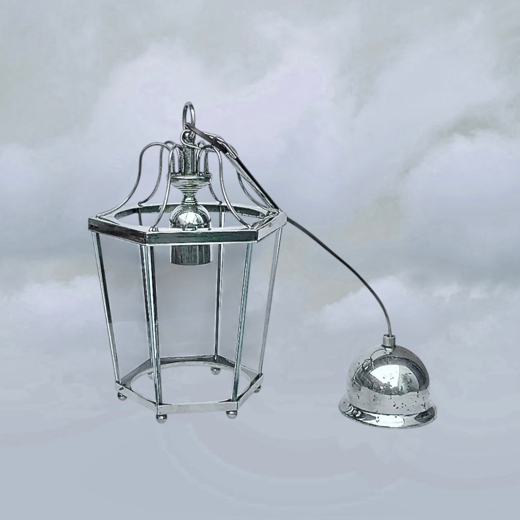 Ancienne Suspension Lanterne Massive Belgique Chrome Verre Hexagonale Années 80