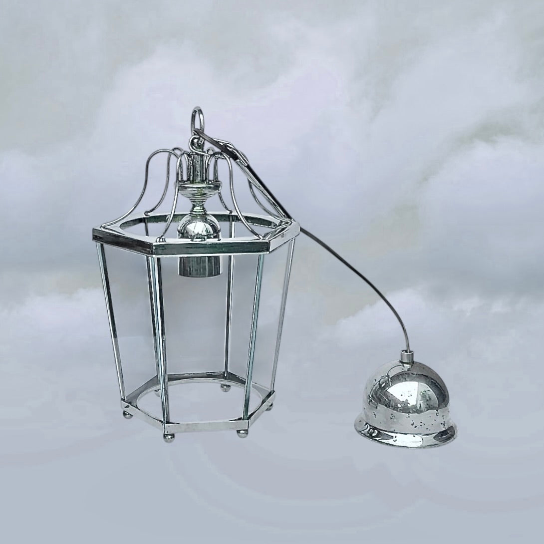 Ancienne Suspension Lanterne Massive Belgique Chrome Verre Hexagonale Années 80