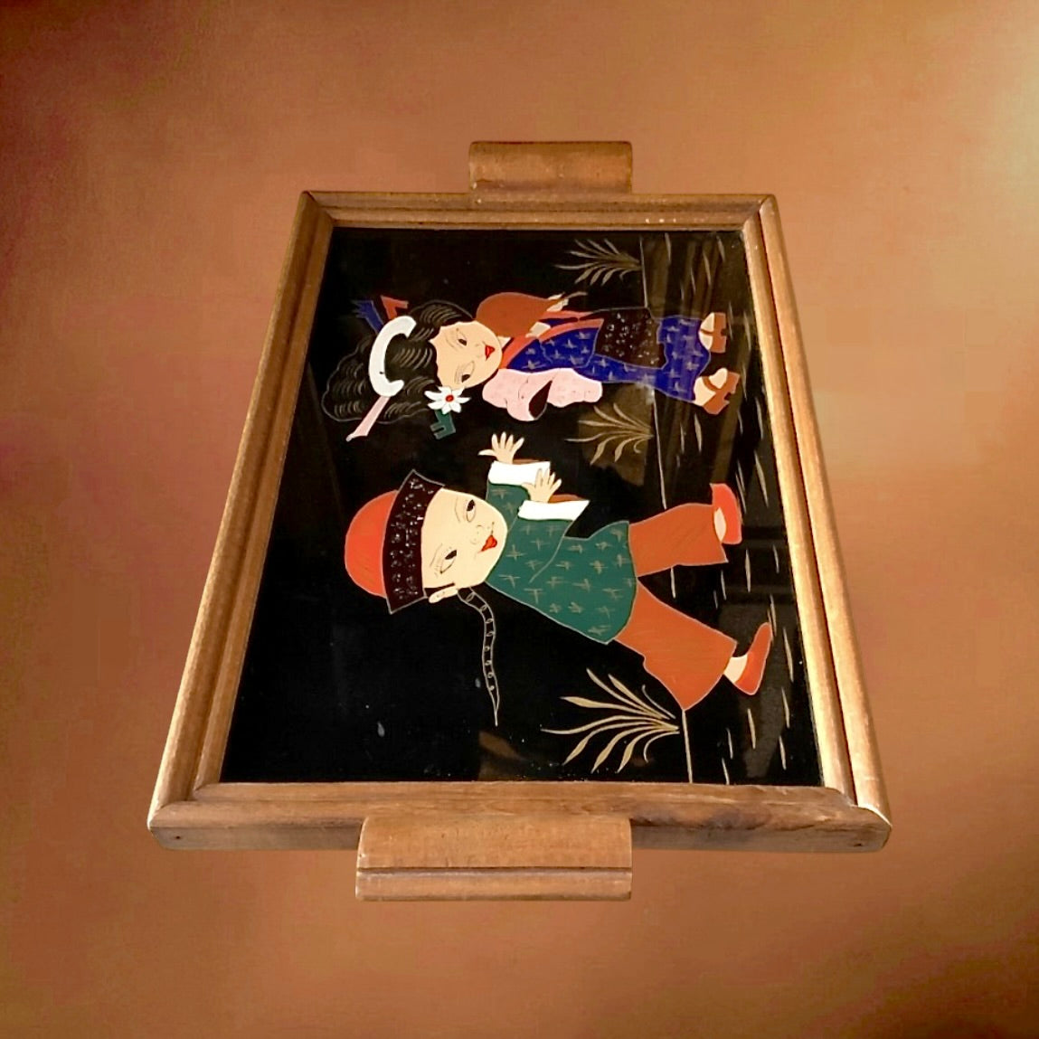 Plateau Vintage En Bois Et Verre Décor Asiatique Peint Sous Verre Années 60