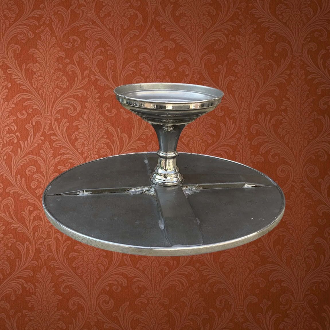 Plat à Gâteau Vintage sur Pied en Verre Décor Fruits et Inox - Années 60