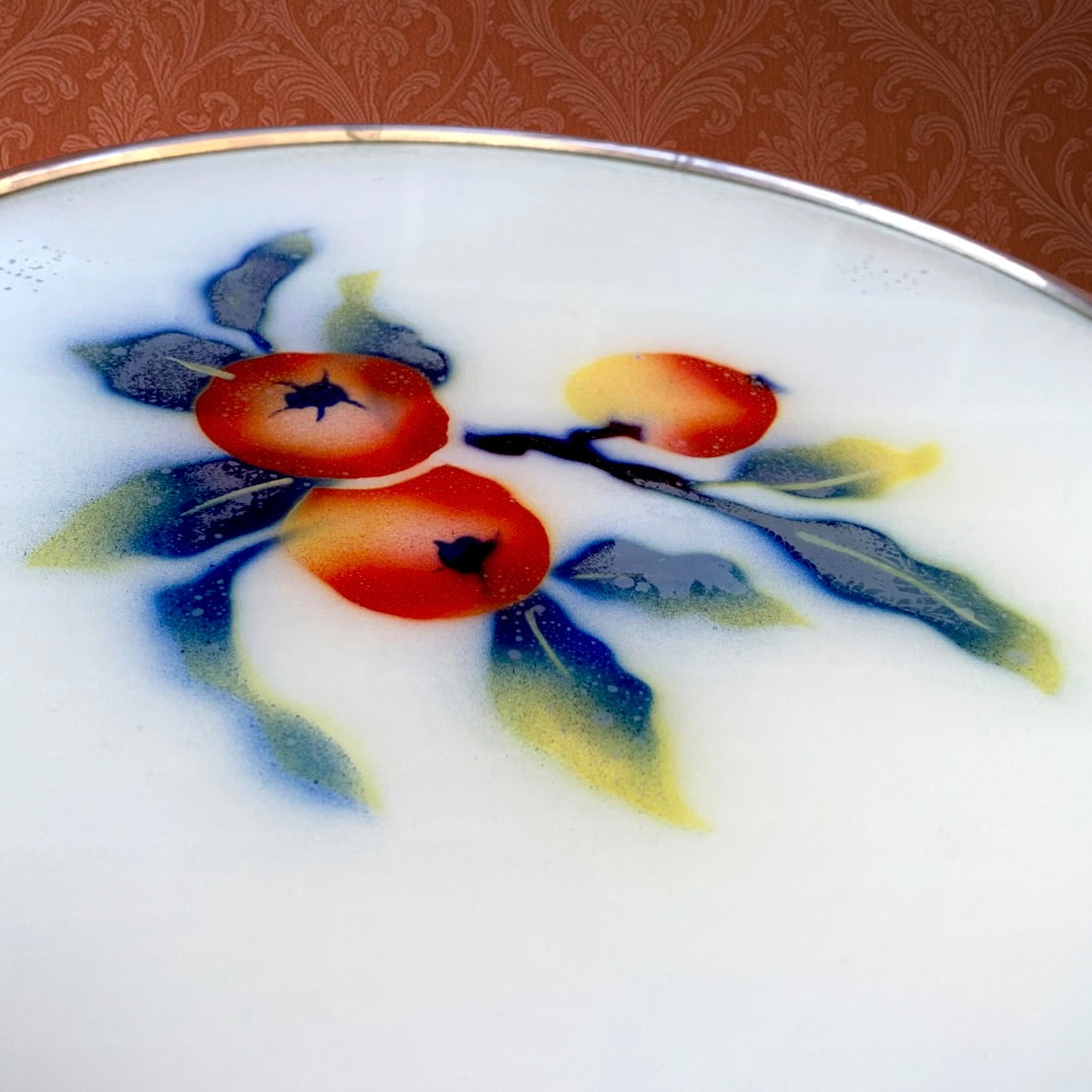 Plat à Gâteau Vintage sur Pied en Verre Décor Fruits et Inox - Années 60