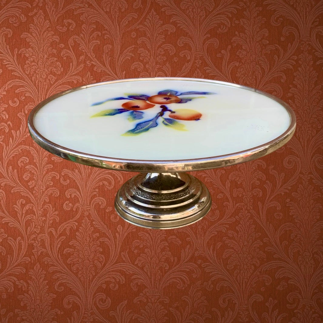 plat-gateau-sur-pied-verre-decor-fruits-inox-annees60
