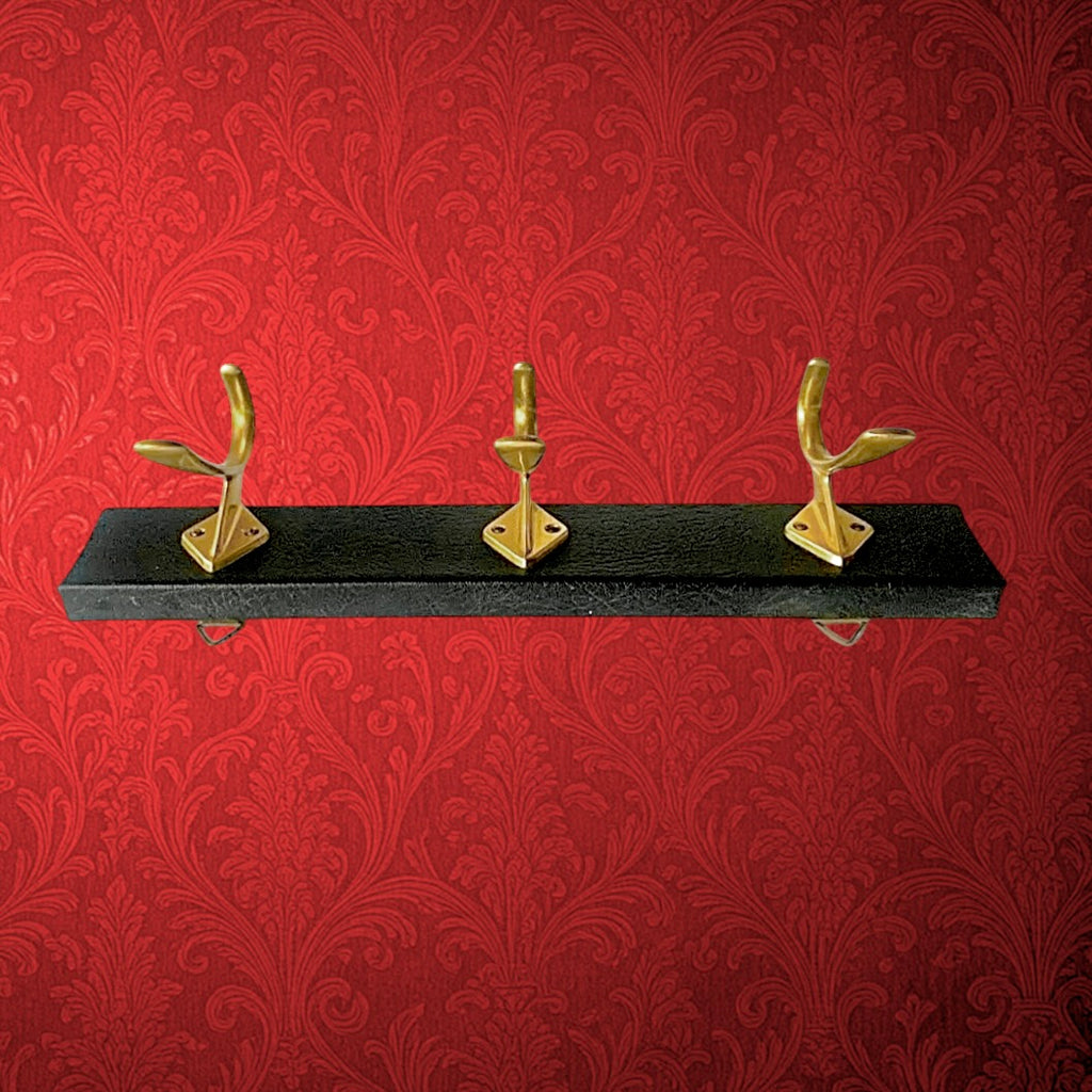 Ancien Portemanteau Mural en Skaï Noir Patères Aluminium Doré Années 70
