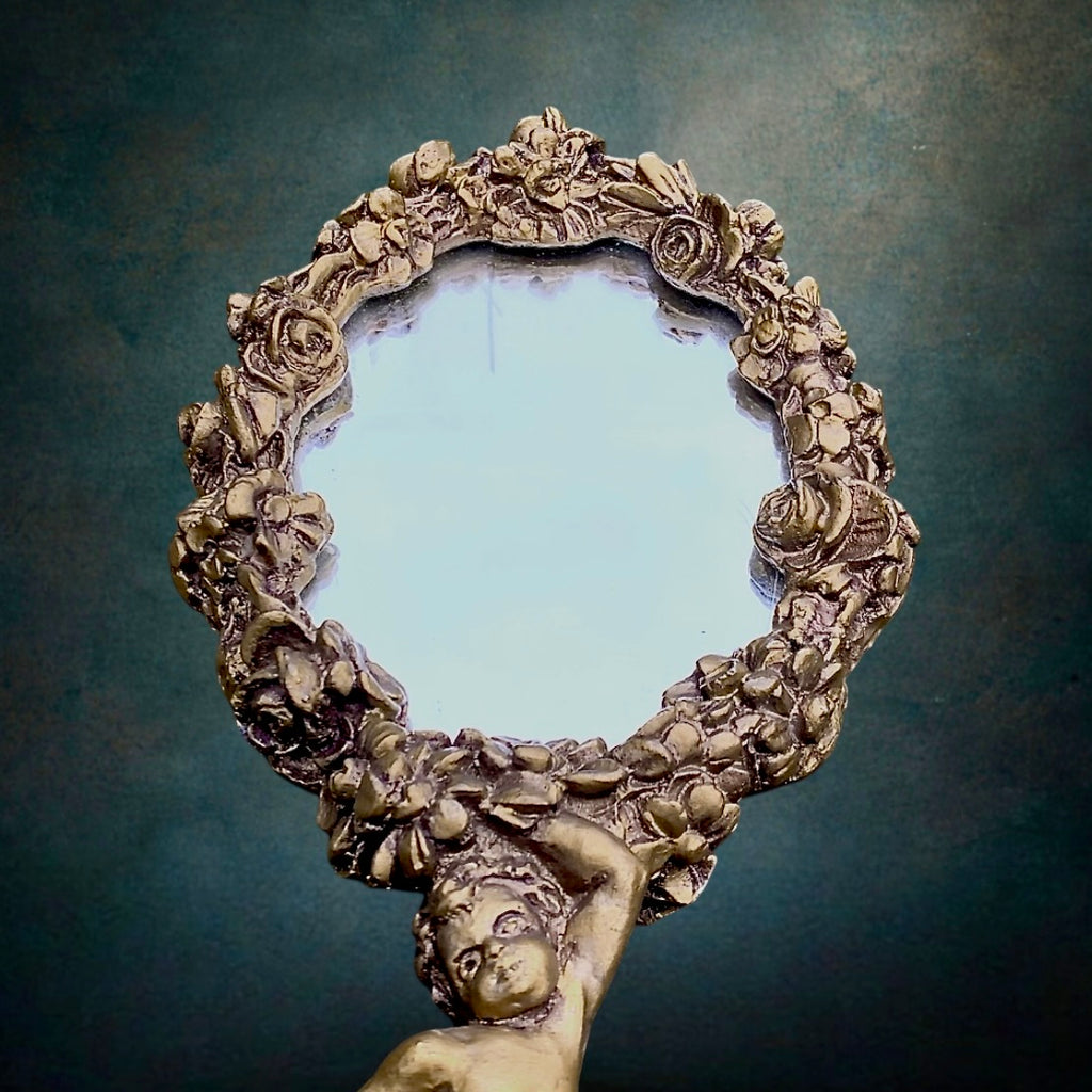 Ancien Miroir à Main - Face à Main Résine Dorée Ange Décor Floral - Années 50