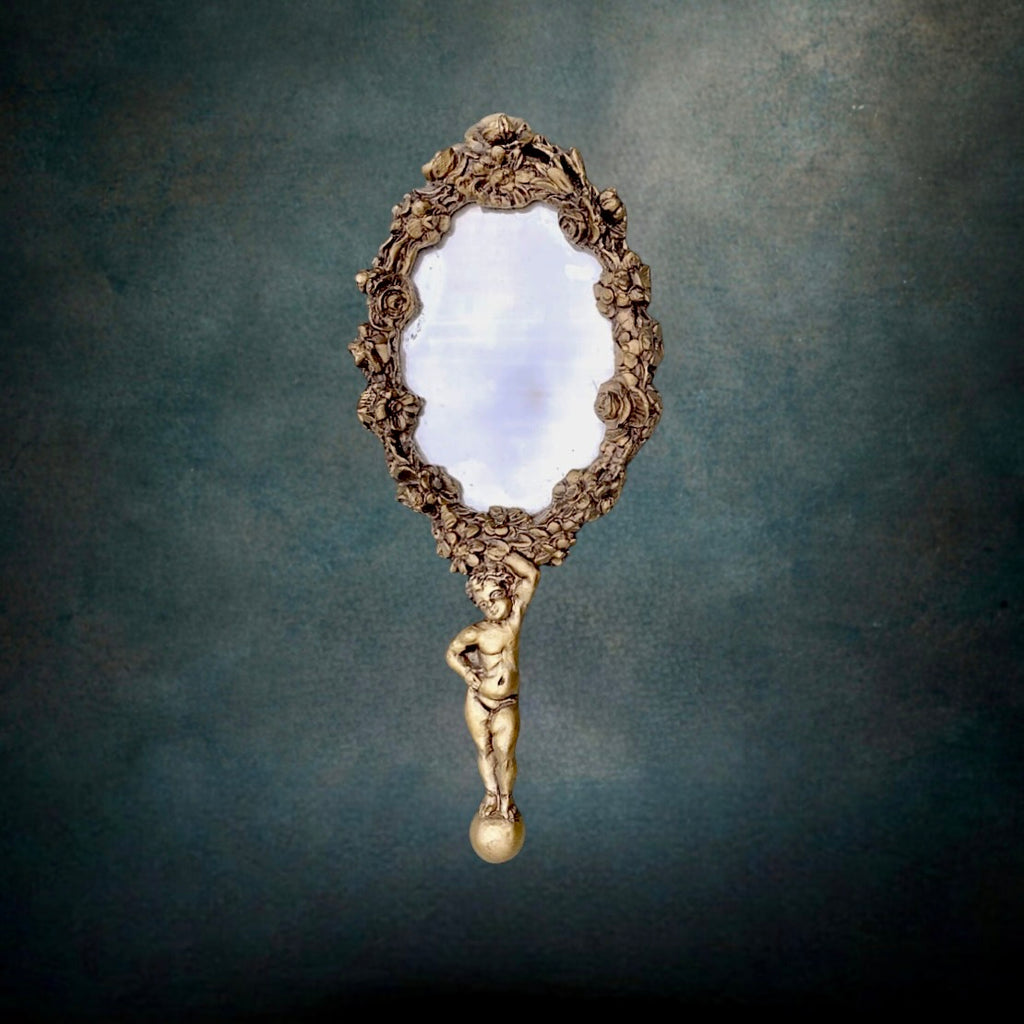 Miroir À Main Ange Résine Dorée Années 50

