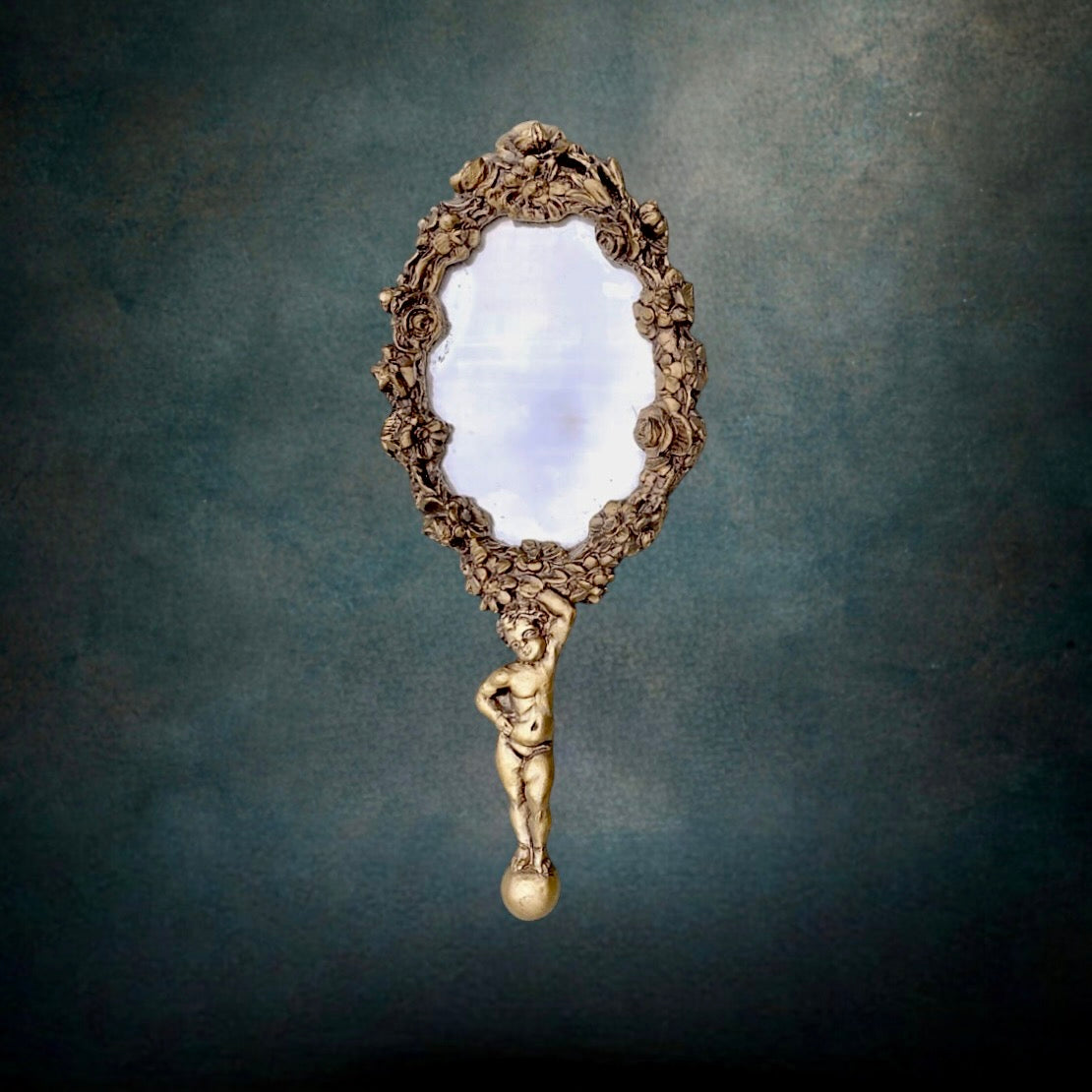 Miroir À Main Ange Résine Dorée Années 50
