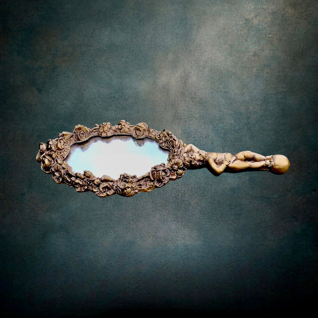 Ancien Miroir à Main - Face à Main Résine Dorée Ange Décor Floral - Années 50
