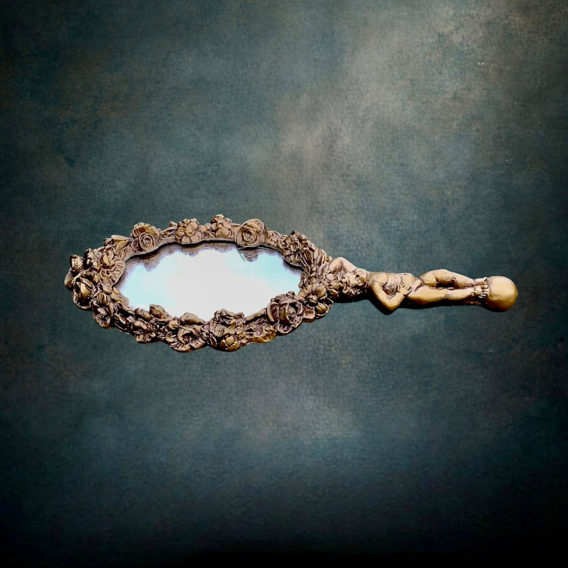 Ancien Miroir à Main - Face à Main Résine Dorée Ange Décor Floral - Années 50