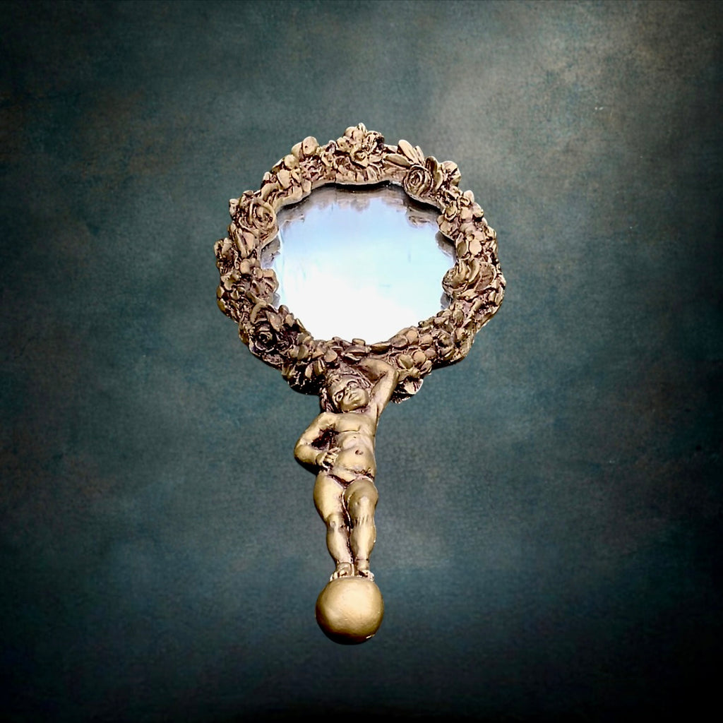 Ancien Miroir à Main - Face à Main Résine Dorée Ange Décor Floral - Années 50