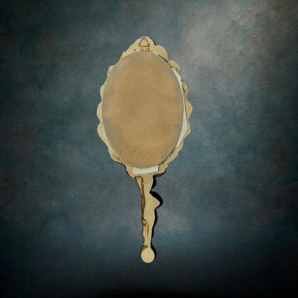Ancien Miroir à Main - Face à Main Résine Dorée Ange Décor Floral - Années 50