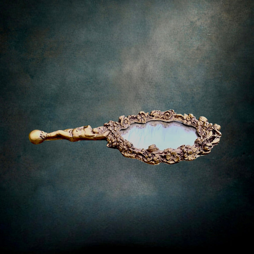 Ancien Miroir à Main - Face à Main Résine Dorée Ange Décor Floral - Années 50