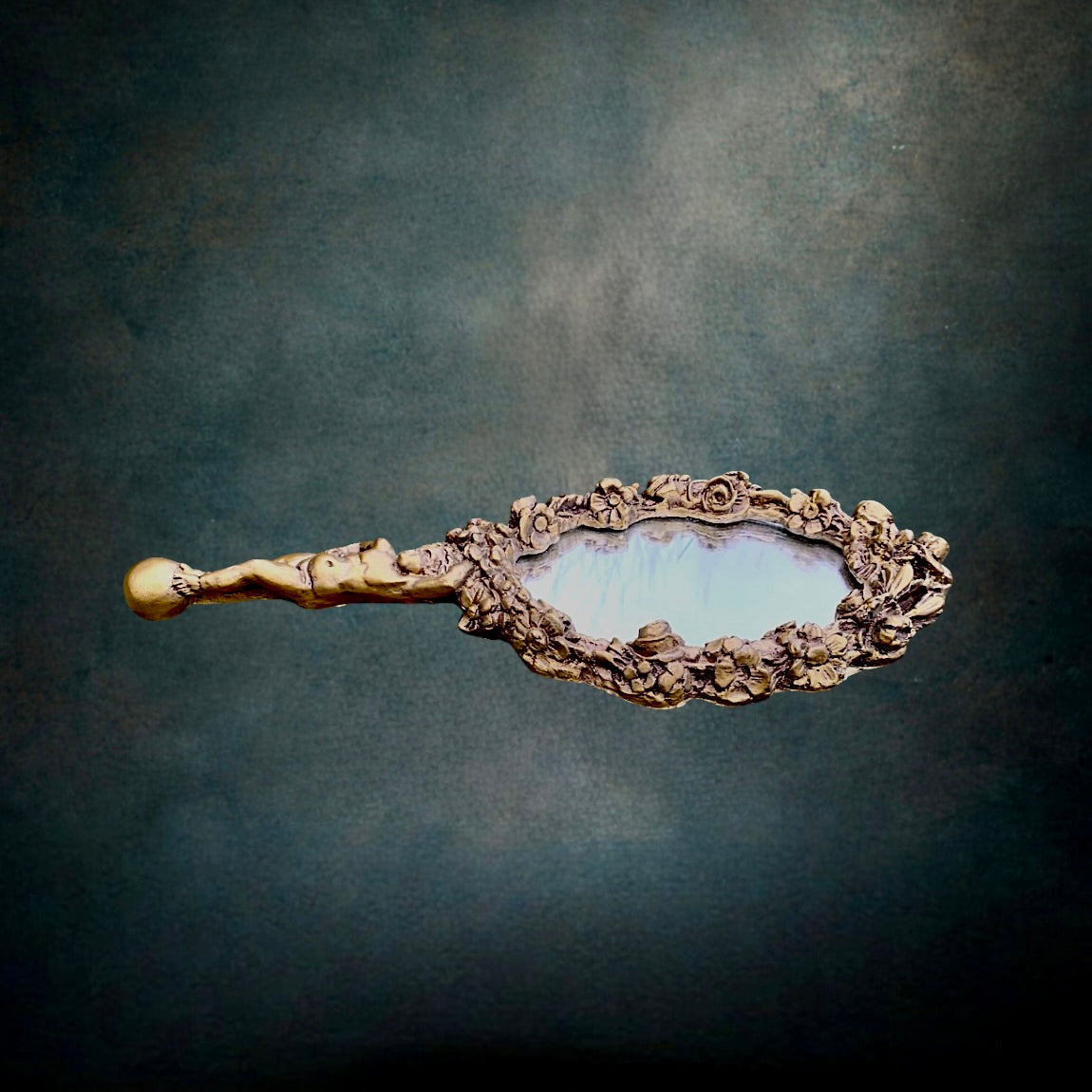 Ancien Miroir à Main - Face à Main Résine Dorée Ange Décor Floral - Années 50