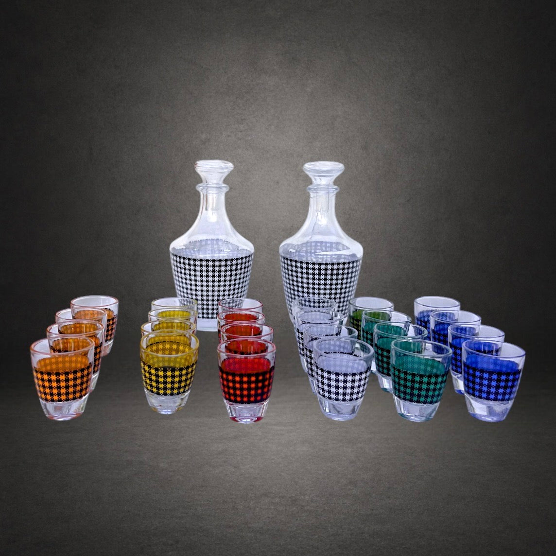 service-liqueur-arques-verres-carafes-pied-de-poule-annees60