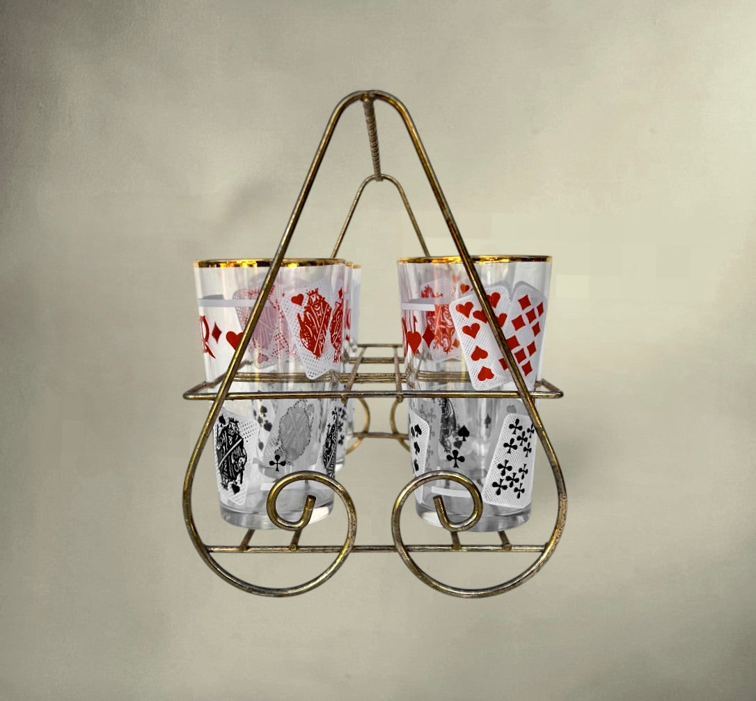 Porte-verres en Métal Doré avec 6 Verres VMC Décor Cartes à Jouer - Années 60