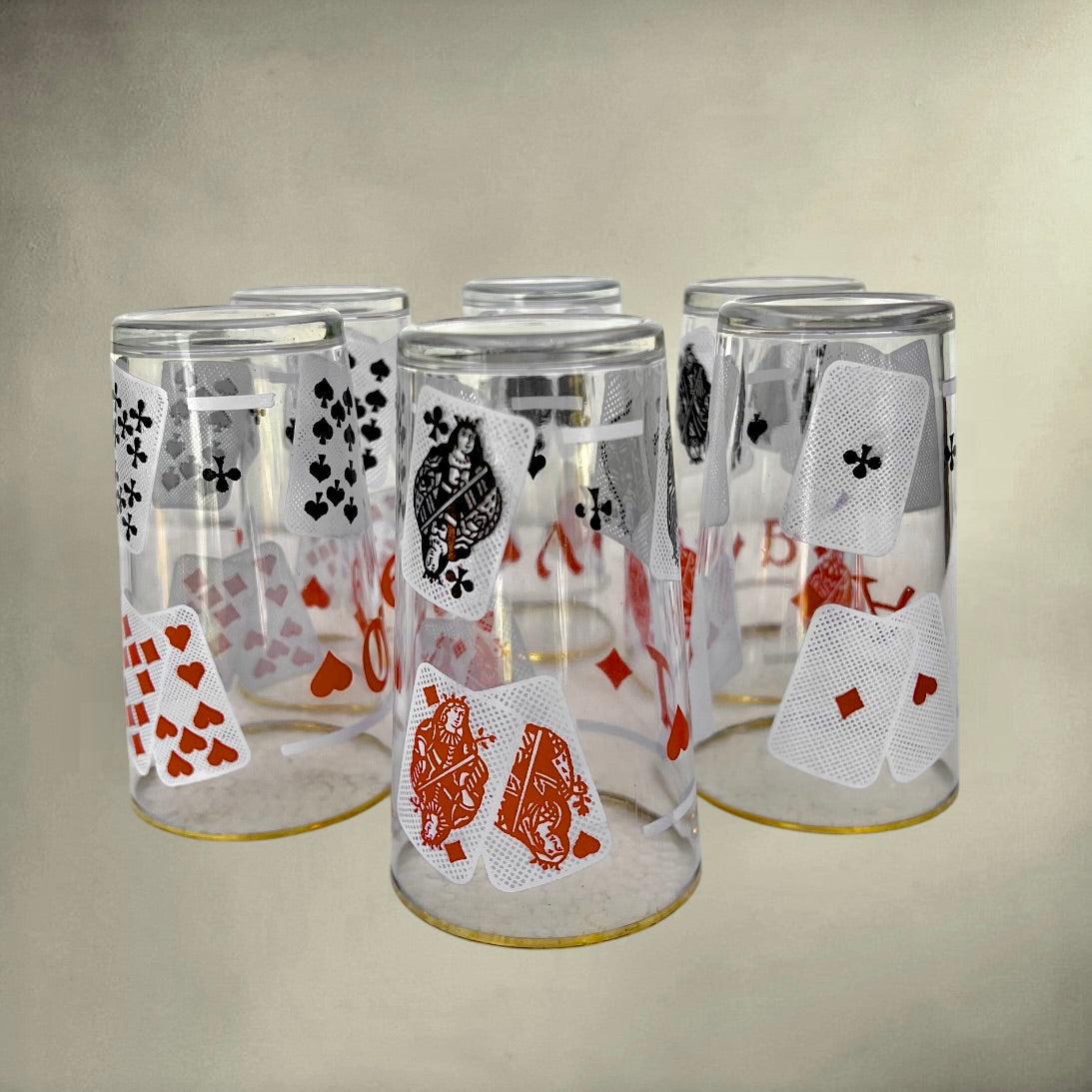 Porte-verres en Métal Doré avec 6 Verres VMC Décor Cartes à Jouer - Années 60