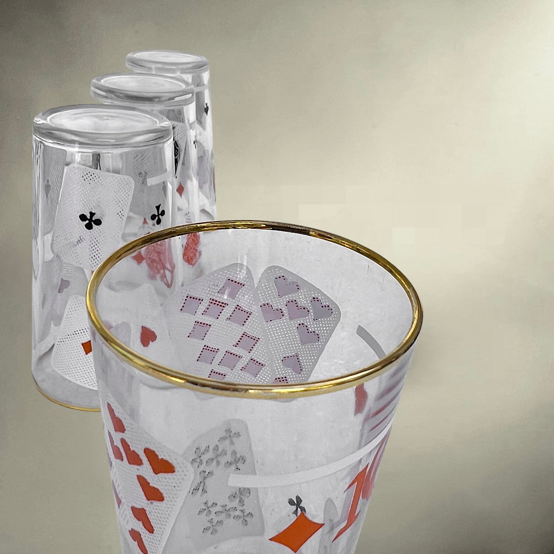 Porte-verres en Métal Doré avec 6 Verres VMC Décor Cartes à Jouer - Années 60