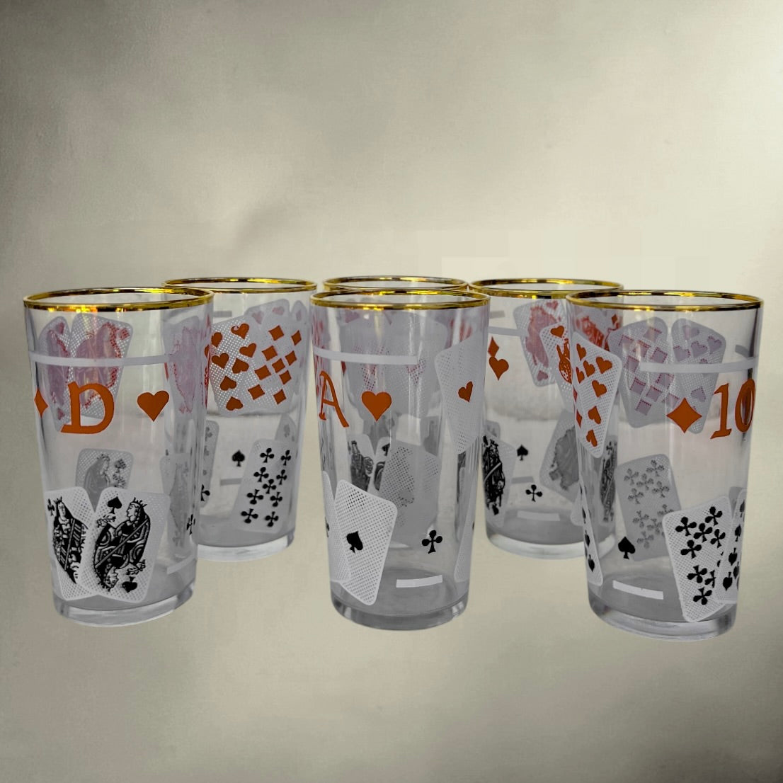 Porte-verres en Métal Doré avec 6 Verres VMC Décor Cartes à Jouer - Années 60