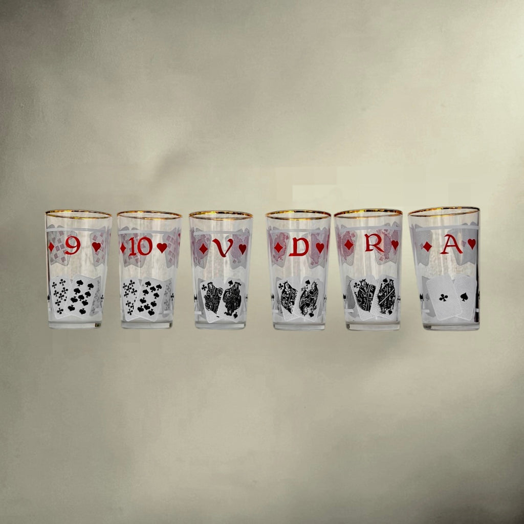Porte-verres en Métal Doré avec 6 Verres VMC Décor Cartes à Jouer - Années 60