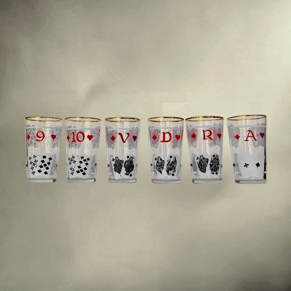 Porte-verres en Métal Doré avec 6 Verres VMC Décor Cartes à Jouer - Années 60