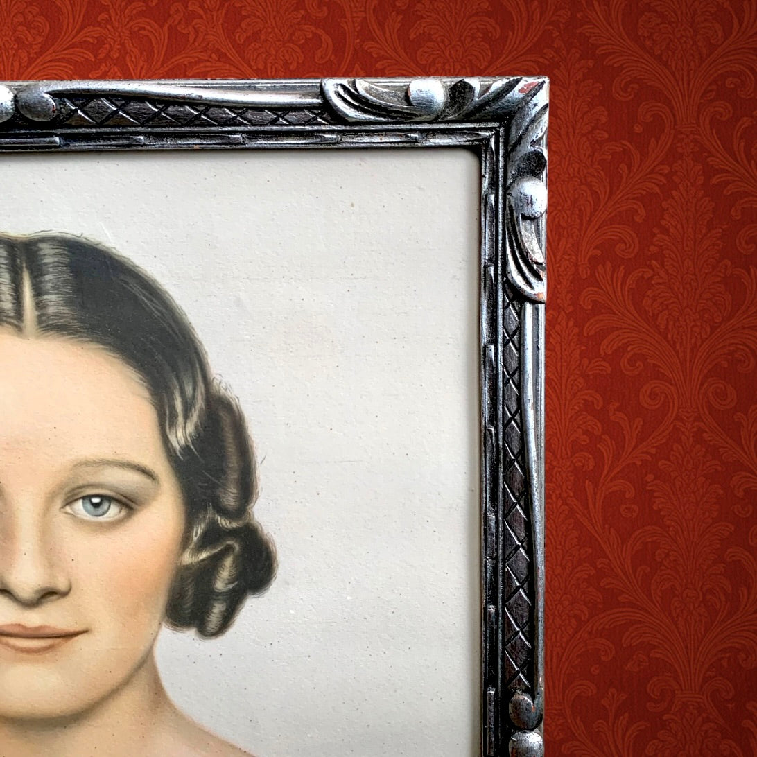 Portrait Ancien de la Reine Astrid de Belgique Cadre Argenté Sculpté Années 30