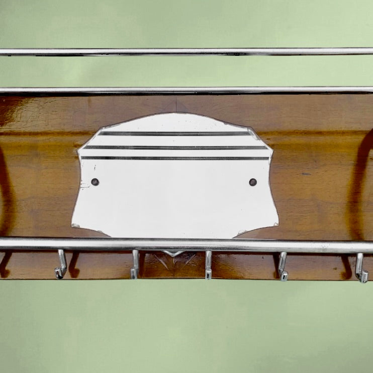 Portemanteau Mural en Bois et Métal Chromé Avec Miroir et Porte-Chapeaux - Années 50