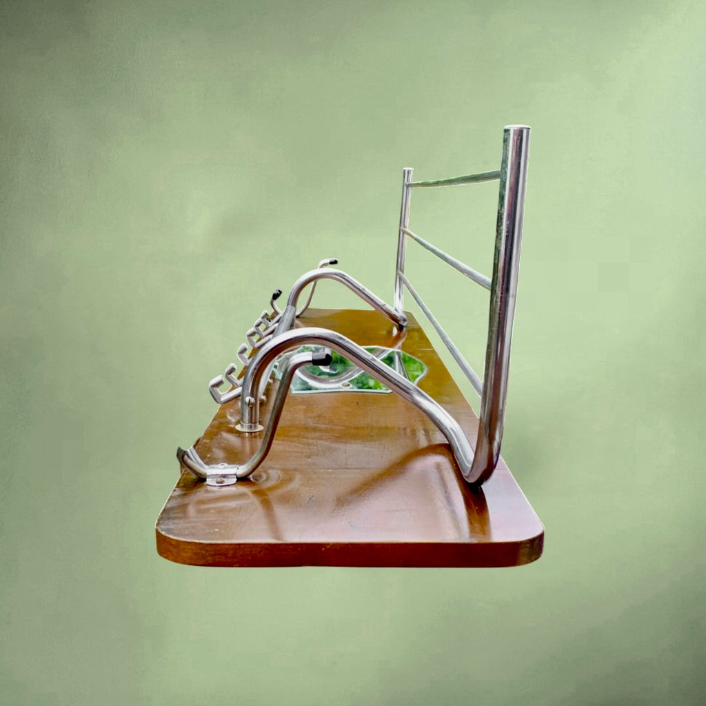 Portemanteau Mural en Bois et Métal Chromé Avec Miroir et Porte-Chapeaux - Années 50