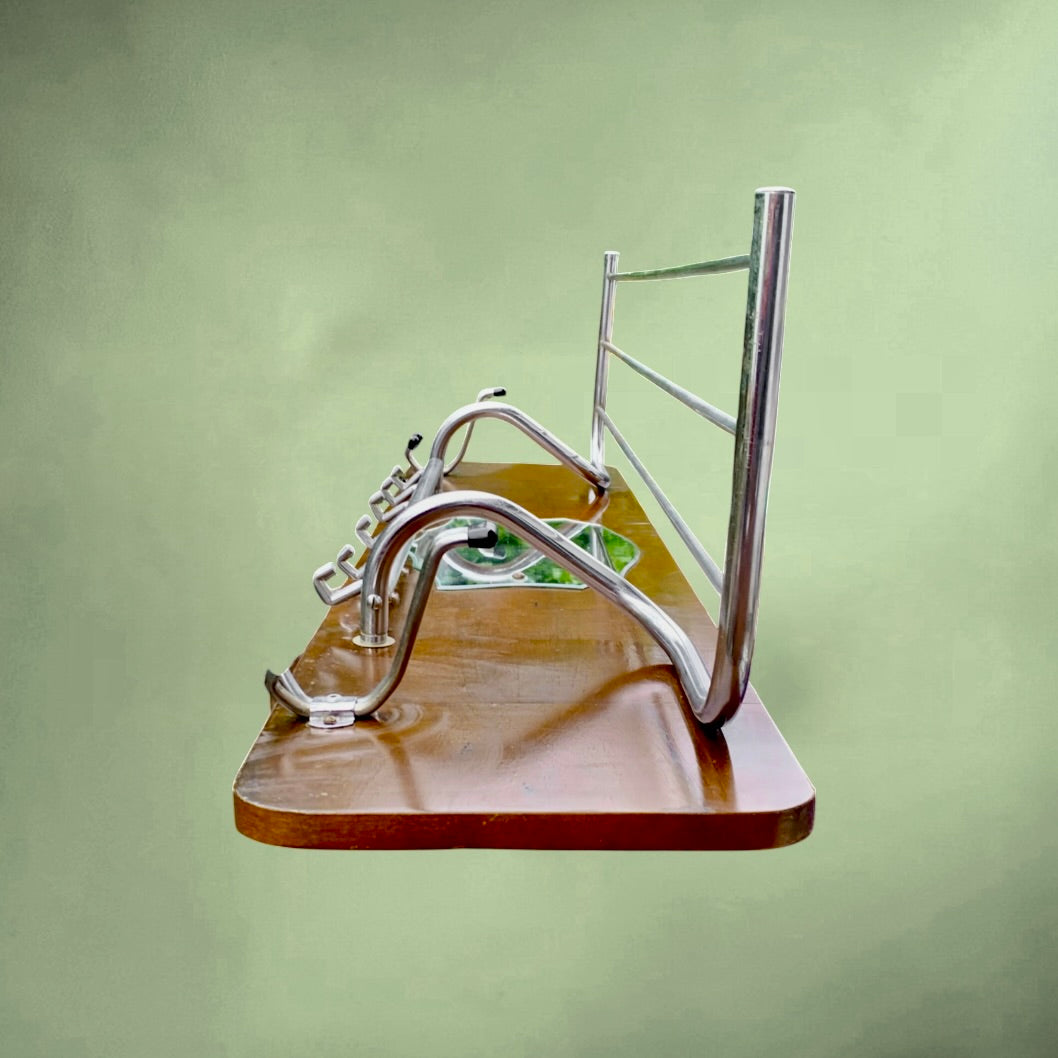 Portemanteau Mural en Bois et Métal Chromé Avec Miroir et Porte-Chapeaux - Années 50
