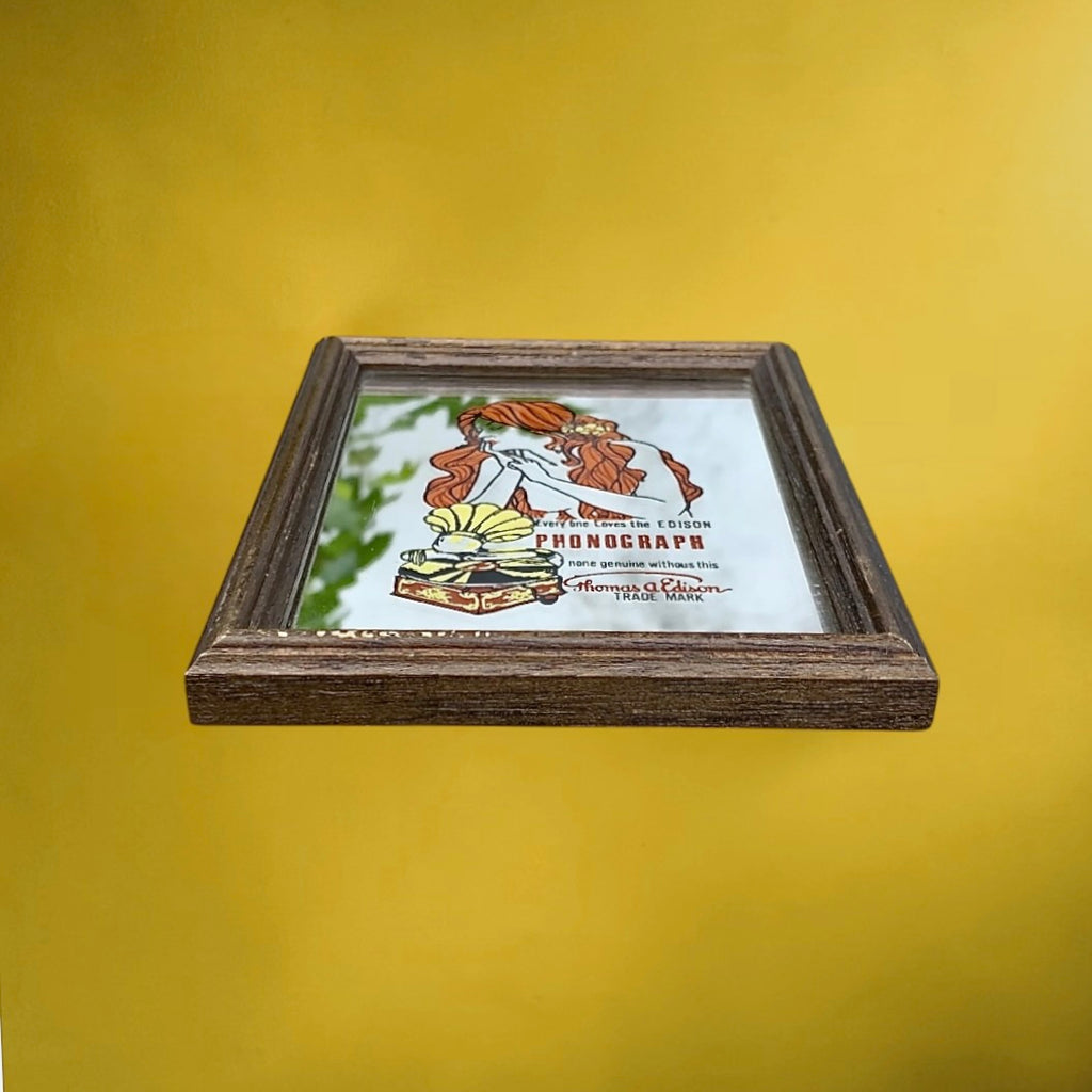 Petit Miroir Mural Publicitaire Edison Phonograph Cadre Bois - Années 60