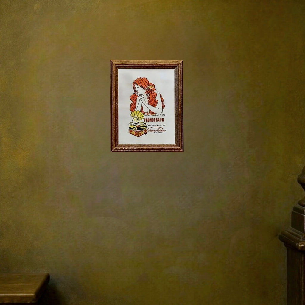 Petit Miroir Mural Publicitaire Edison Phonograph Cadre Bois - Années 60