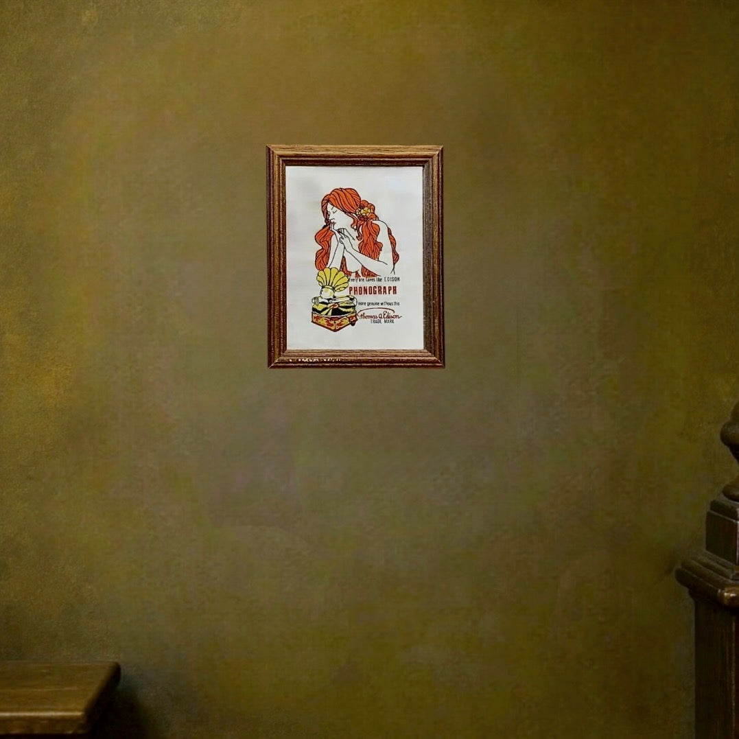 Petit Miroir Mural Publicitaire Edison Phonograph Cadre Bois - Années 60