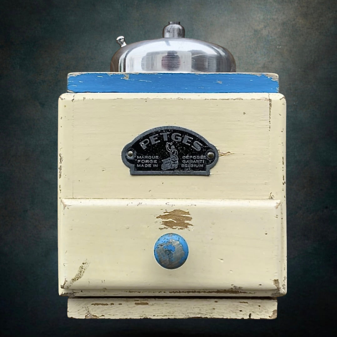 Ancien Moulin à Café Petges en Bois Peint Blanc et Bleu et Acier - Années 50 60