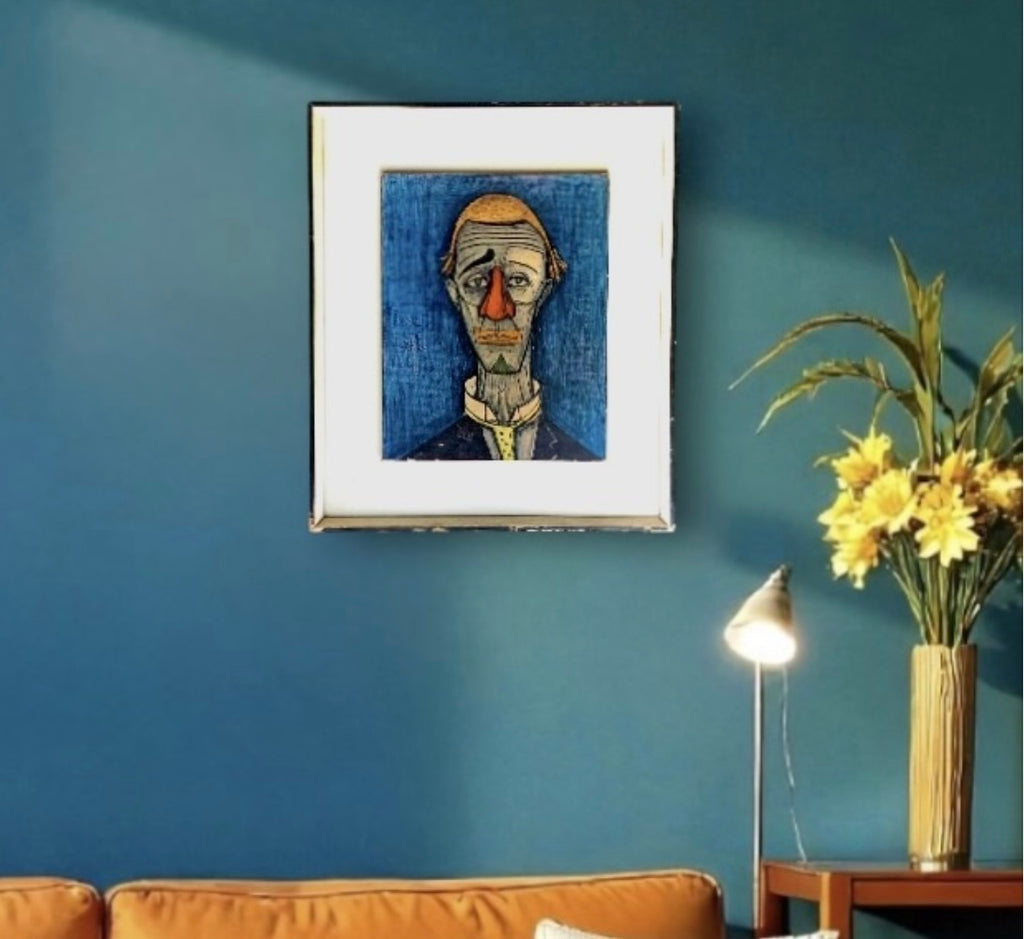Reproduction Bernard Buffet Le Clown Bleu 1955 Impression Sur Panneau Cadre Bois Années 60 70