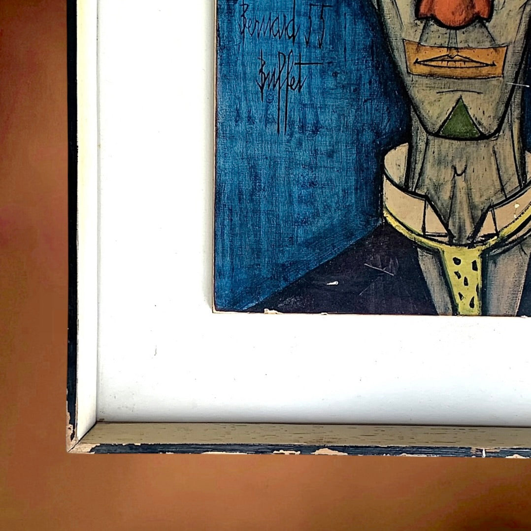 Reproduction Bernard Buffet Le Clown Bleu 1955 Impression Sur Panneau Cadre Bois Années 60 70