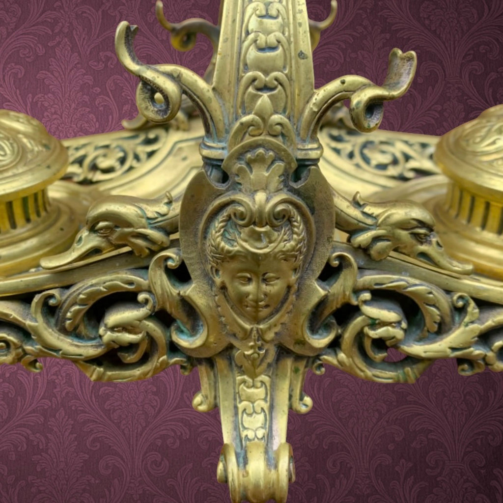 Encrier Double en Laiton Doré Style Napoléon III Décor Féminin et Volutes - XIXe