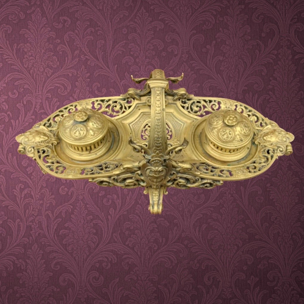 Encrier Double en Laiton Doré Style Napoléon III Décor Féminin et Volutes - XIXe