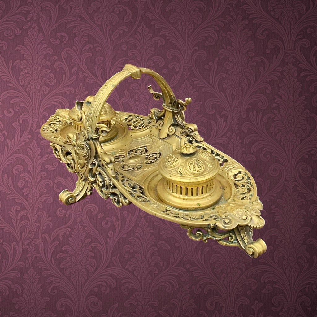 Encrier Double en Laiton Doré Style Napoléon III Décor Féminin et Volutes - XIXe