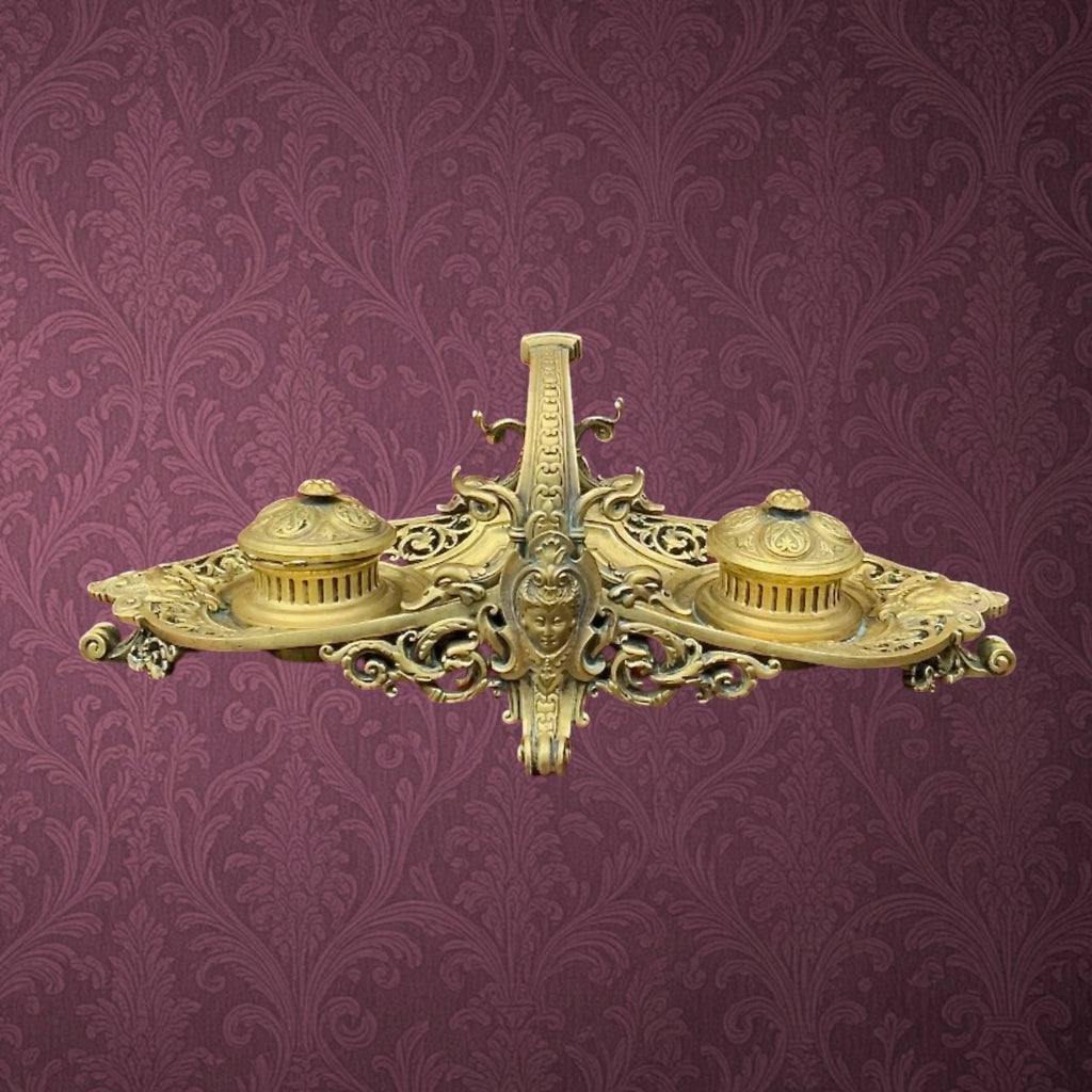 Encrier Double en Laiton Doré Style Napoléon III Décor Féminin et Volutes - XIXe