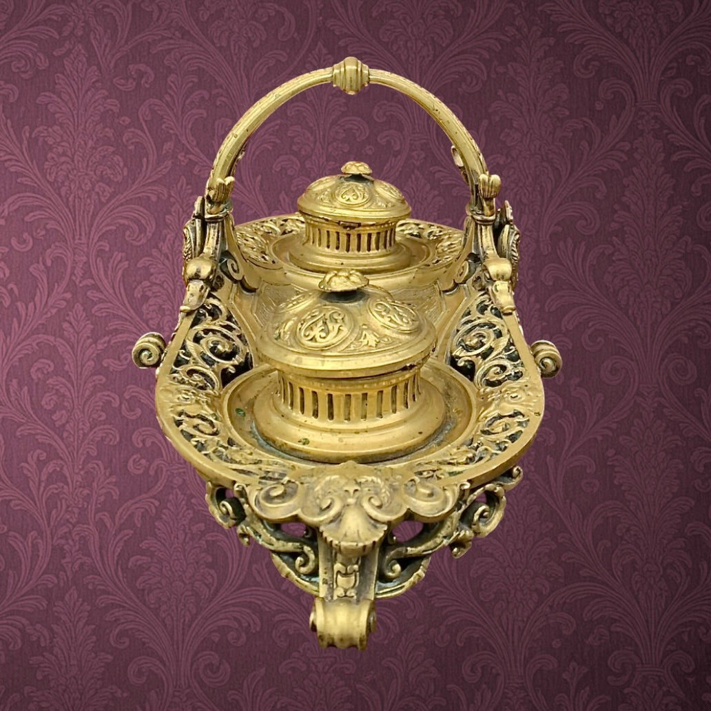 Encrier Double en Laiton Doré Style Napoléon III Décor Féminin et Volutes - XIXe