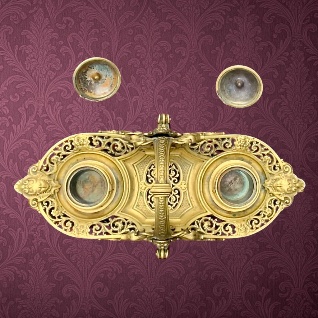 Encrier Double en Laiton Doré Style Napoléon III Décor Féminin et Volutes - XIXe