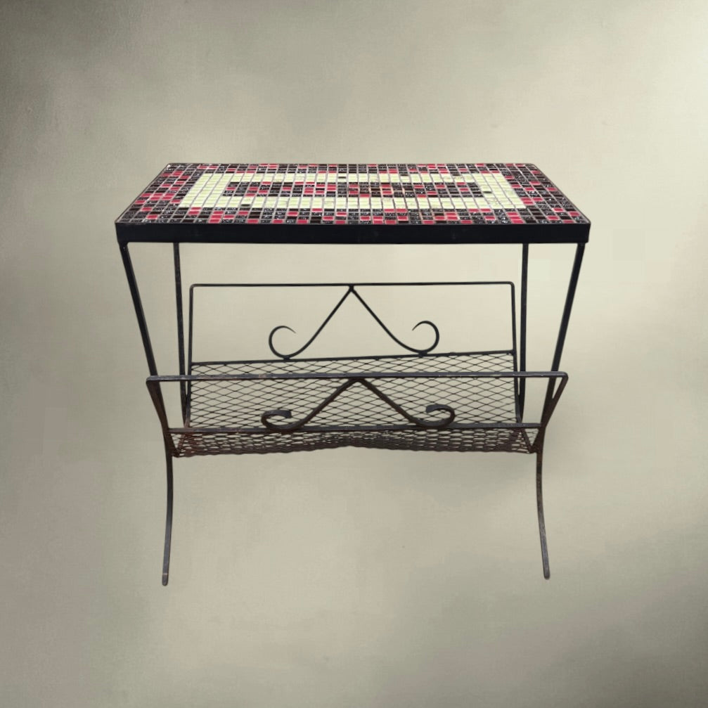 Table d’Appoint en Fer Forgé avec Porte-Revues et Plateau Mosaïque en Céramique - Années 60