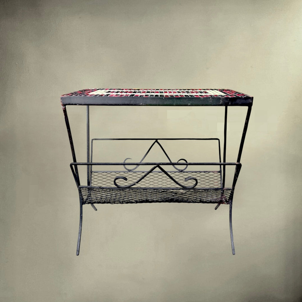 Table d’Appoint en Fer Forgé avec Porte-Revues et Plateau Mosaïque en Céramique - Années 60