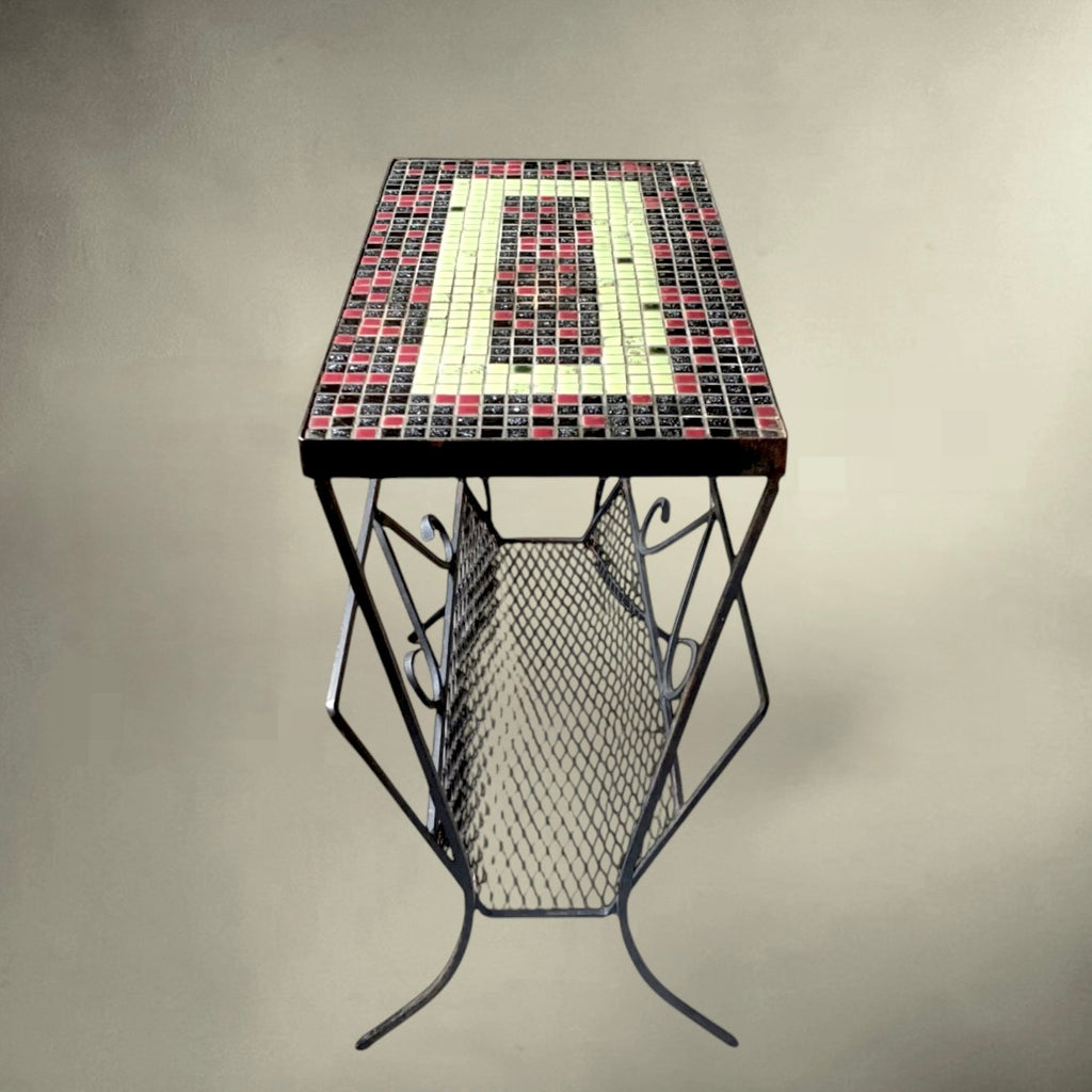 Table d’Appoint en Fer Forgé avec Porte-Revues et Plateau Mosaïque en Céramique - Années 60