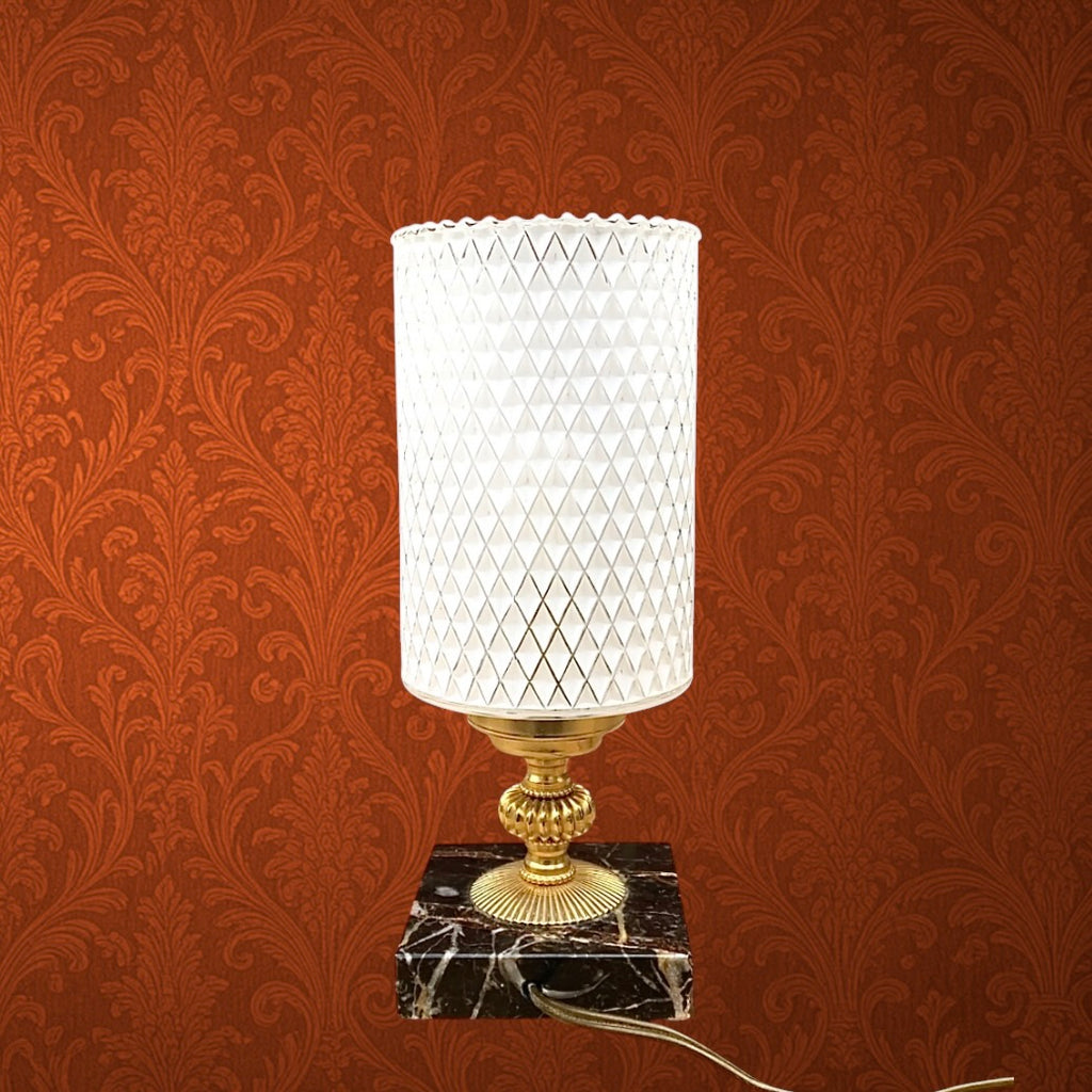Lampe d’Appoint en Laiton Doré et Marbre Abat-Jour Verre Texturé - Années 60