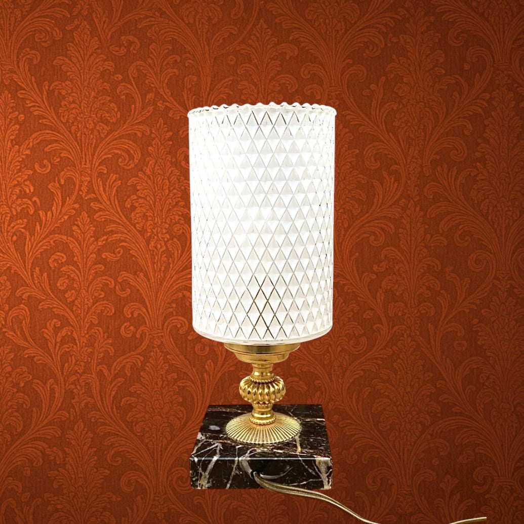 Lampe d’Appoint en Laiton Doré et Marbre Abat-Jour Verre Texturé - Années 60