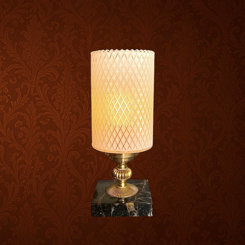 Lampe d’Appoint en Laiton Doré et Marbre Abat-Jour Verre Texturé - Années 60