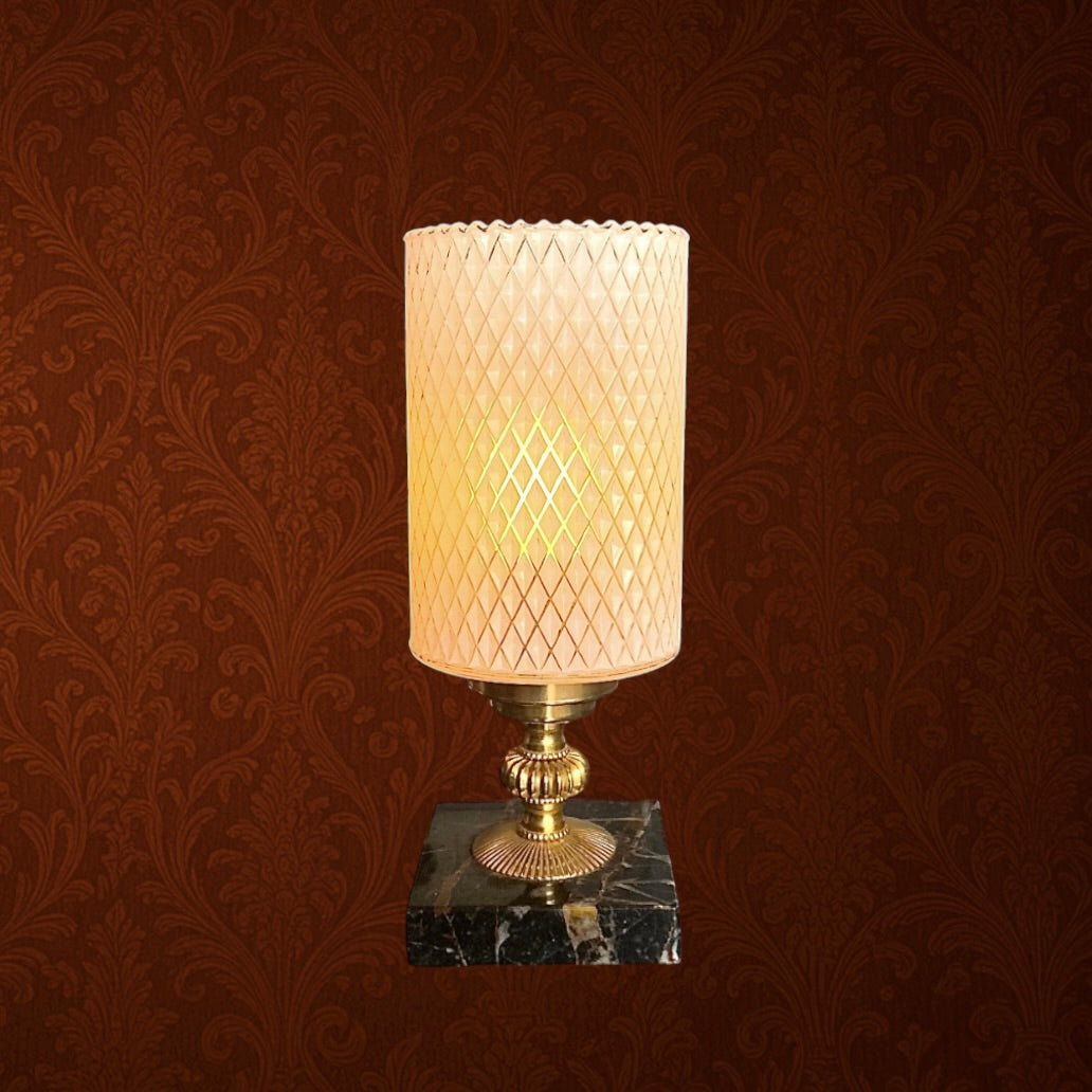 Lampe d’Appoint en Laiton Doré et Marbre Abat-Jour Verre Texturé - Années 60