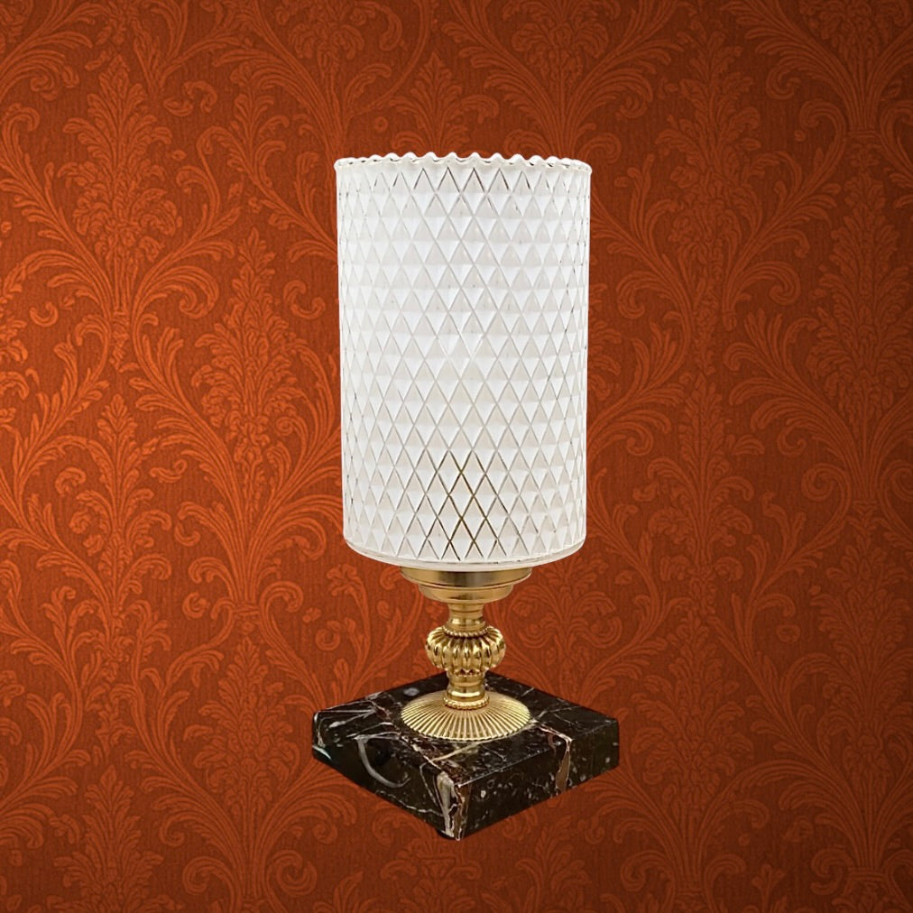 Lampe d’Appoint en Laiton Doré et Marbre Abat-Jour Verre Texturé - Années 60