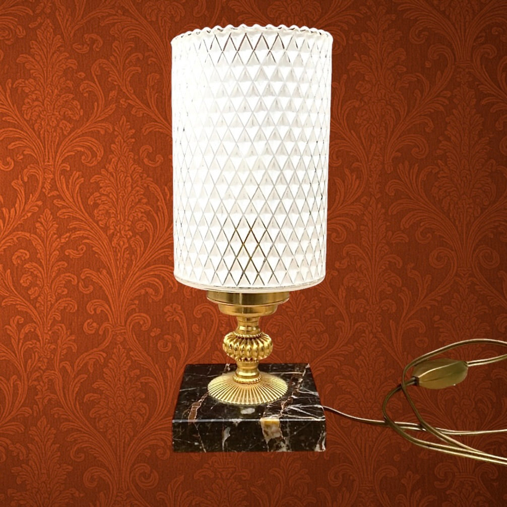Lampe d’Appoint en Laiton Doré et Marbre Abat-Jour Verre Texturé - Années 60