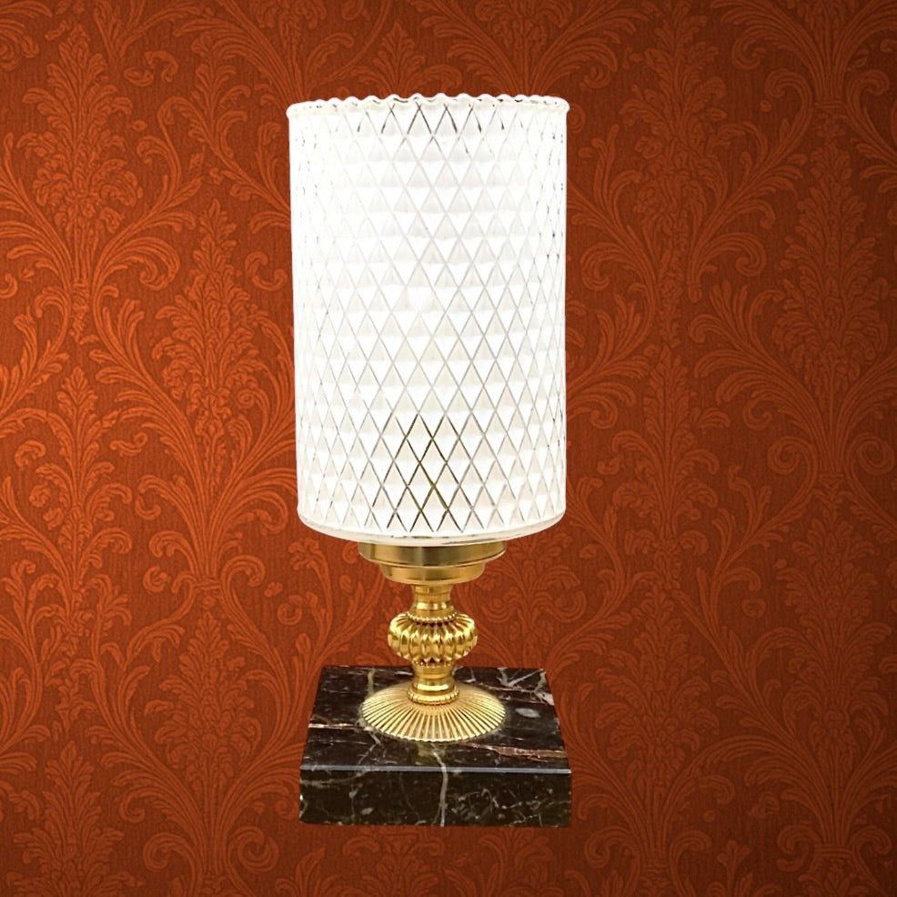 Lampe d’Appoint en Laiton Doré et Marbre Abat-Jour Verre Texturé - Années 60